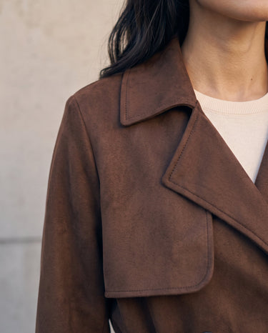 Close-up of the Bexley Trench Coat's wide notch lapel and suede-look texture in brown