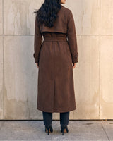 Back view of the brown Bexley Trench Coat showing the back belt and centre vent