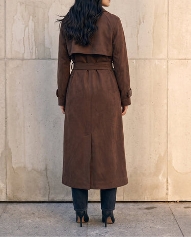 Back view of the brown Bexley Trench Coat showing the back belt and centre vent
