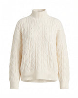 Boat Neck Cable Knit Sweater in white — cable knit sweater, product flat-lay