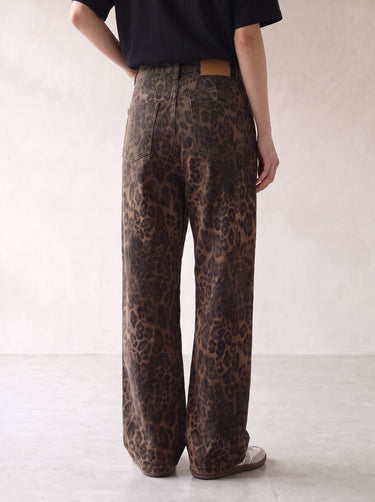Leopard print wide-leg jeans, back view