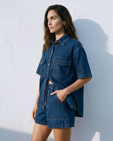 Dark Wash denim wide-fit set on model, hand in pocket – Moriel Heritage