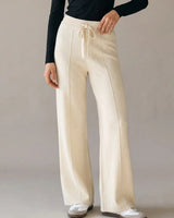 Knit wide-leg drawstring pants in ivory, front view