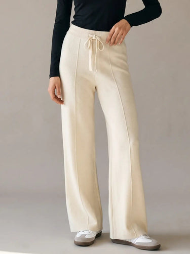 Knit wide-leg drawstring pants in ivory, front view