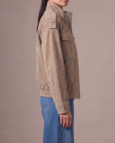 Sullivan Coat in Khaki — side view showing the dropped shoulder and elasticated hem
