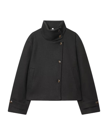 Ottilie Funnel Jacket in black, front flat lay on white