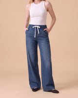 Isla Stretch Denim Jeans in Dark Blue - wide leg pull-on stretch denim on model