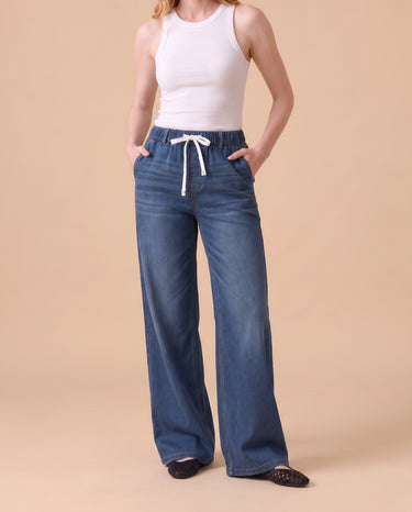 Isla Stretch Denim Jeans in Dark Blue - wide leg pull-on stretch denim on model