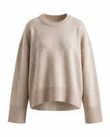 Cali Knit in Beige — relaxed crew-neck knit sweater with stepped hem, flat lay – Moriel Heritage