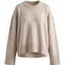 Cali Knit in Beige — relaxed crew-neck knit sweater with stepped hem, flat lay – Moriel Heritage