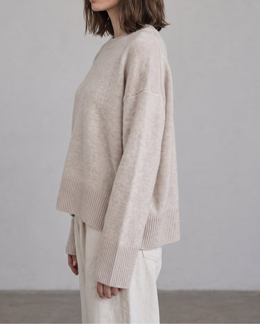 Beige Cali Knit on model, side view – Moriel Heritage