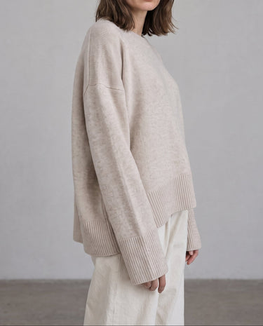 Beige Cali Knit on model, relaxed front view – Moriel Heritage