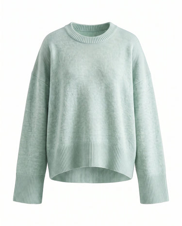 Cali Knit in Emerald — relaxed crew-neck knit sweater, flat lay – Moriel Heritage