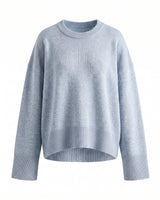 Cali Knit in Light Blue — relaxed crew-neck knit sweater, flat lay – Moriel Heritage