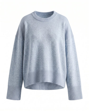 Cali Knit in Light Blue — relaxed crew-neck knit sweater, flat lay – Moriel Heritage