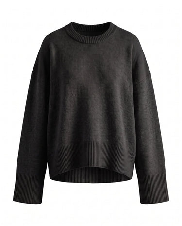 Cali Knit in Black — relaxed crew-neck knit sweater, flat lay – Moriel Heritage
