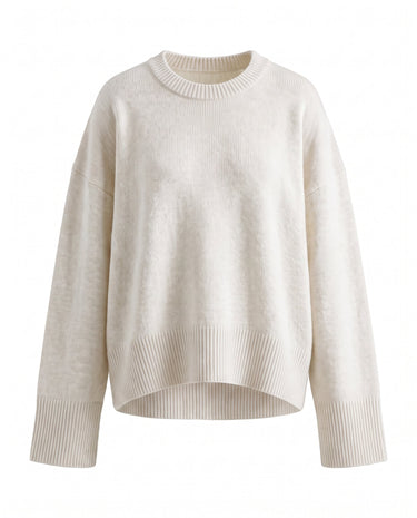 Cali Knit in White — relaxed crew-neck knit sweater, flat lay – Moriel Heritage