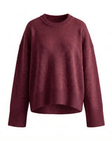 Cali Knit in Burgundy — relaxed crew-neck knit sweater, flat lay – Moriel Heritage