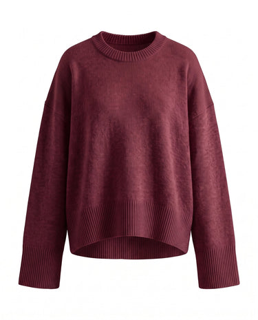 Cali Knit in Burgundy — relaxed crew-neck knit sweater, flat lay – Moriel Heritage