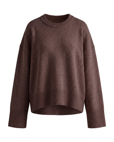 Cali Knit in Brown — relaxed crew-neck knit sweater, flat lay – Moriel Heritage