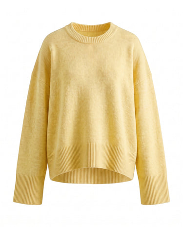 Cali Knit in Yellow — relaxed crew-neck knit sweater, flat lay – Moriel Heritage