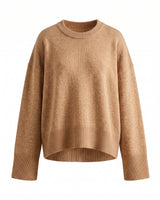 Cali Knit in Camel — relaxed crew-neck knit sweater, flat lay – Moriel Heritage