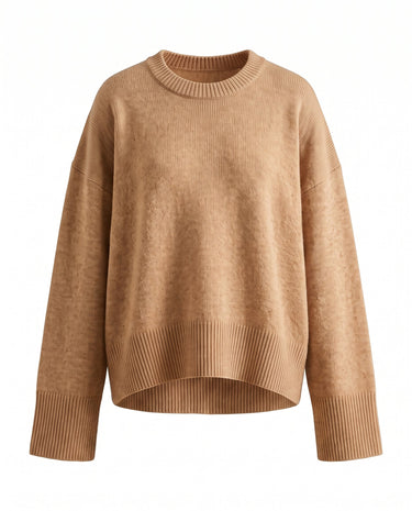 Cali Knit in Camel — relaxed crew-neck knit sweater, flat lay – Moriel Heritage