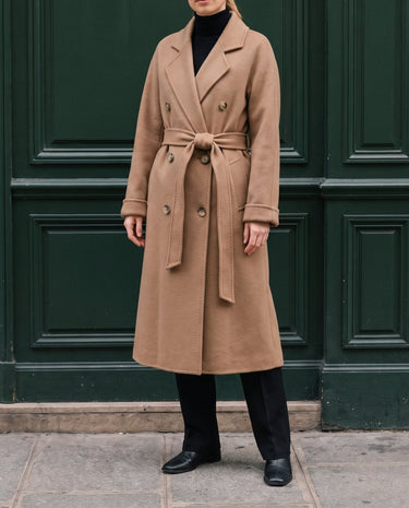The Calvera double-breasted wool coat in khaki — front view on model