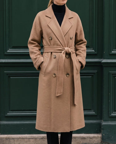 The Calvera double-breasted wool coat in khaki — front view on model