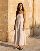 Camille Strapless Cotton Maxi Dress in khaki — strapless A-line maxi dress, front view on model
