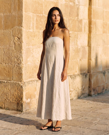 Camille Strapless Cotton Maxi Dress in khaki — strapless A-line maxi dress, front view on model
