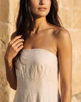 Camille Strapless Cotton Maxi Dress in khaki — close-up of straight strapless neckline and bodice