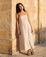 Camille Strapless Cotton Maxi Dress in khaki — strapless maxi dress, front view on model