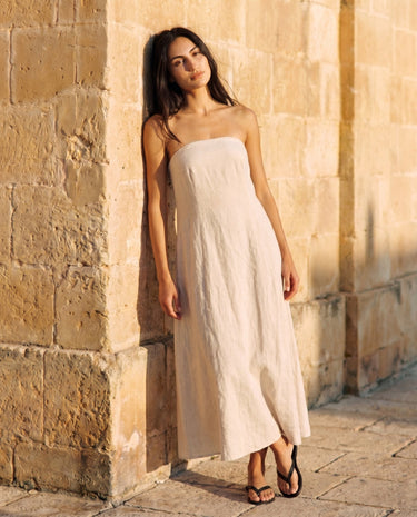 Camille Strapless Cotton Maxi Dress in khaki — strapless maxi dress, front view on model