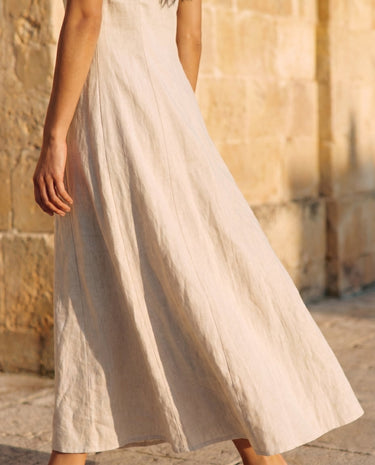 Camille Strapless Cotton Maxi Dress in khaki — close-up of flowing A-line skirt