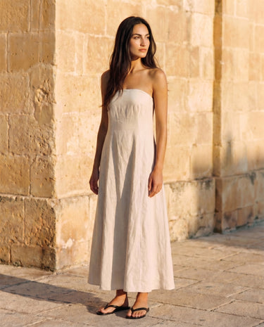 Camille Strapless Cotton Maxi Dress in khaki — strapless A-line maxi dress, front styling view on model