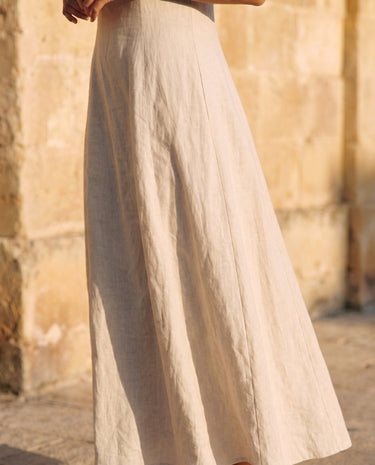 Camille Strapless Cotton Maxi Dress in khaki — close-up of cotton skirt drape and hem