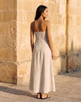 Camille Strapless Cotton Maxi Dress in khaki — strapless A-line maxi dress, back view on model