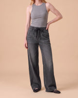 Isla Stretch Denim Jeans in Charcoal - wide leg pull-on stretch denim on model
