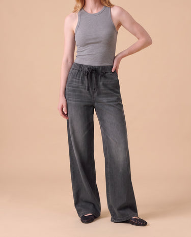 Isla Stretch Denim Jeans in Charcoal - wide leg pull-on stretch denim on model