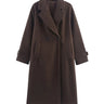 The Chocolate Maxi Coat in chocolate brown — double-breasted longline coat with lapel collar and patch pockets, product flat-lay