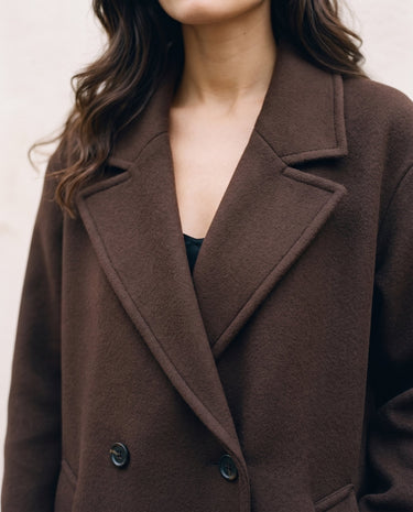 The Chocolate Maxi Coat in chocolate brown — close-up of the lapel collar and double-breasted buttons