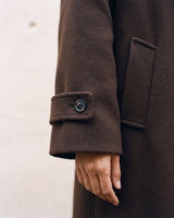 The Chocolate Maxi Coat in chocolate brown — close-up of the buttoned cuff and pocket