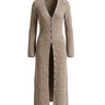 Claudia Maxi Cardigan in khaki — longline button-front ribbed knit cardigan with deep V neck, flat lay