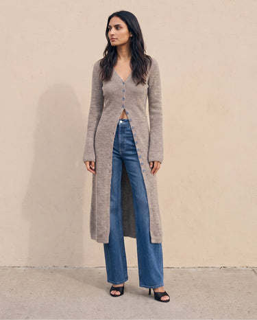 Claudia Maxi Cardigan in khaki worn with jeans — full-length button-front knit cardigan, front view on model