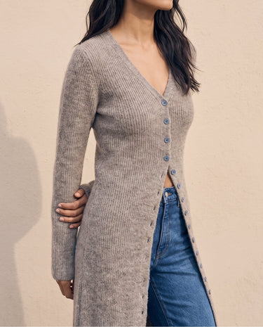Claudia Maxi Cardigan in khaki — three-quarter view showing deep V neck and button front