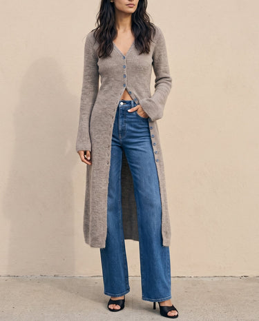 Claudia Maxi Cardigan in khaki over jeans — below-the-knee knit cardigan, full-length view on model