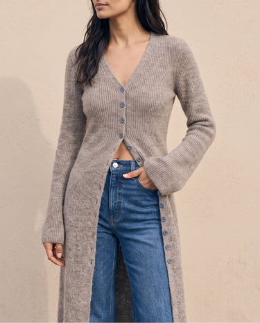 Claudia Maxi Cardigan in khaki — buttoned knit cardigan worn open at the hem, front view on model