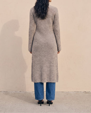 Claudia Maxi Cardigan in khaki — back view on model showing the long draping line