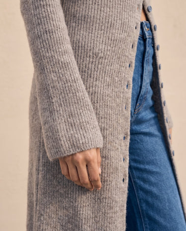 Claudia Maxi Cardigan in khaki — side detail of sleeve and button placket in ribbed knit